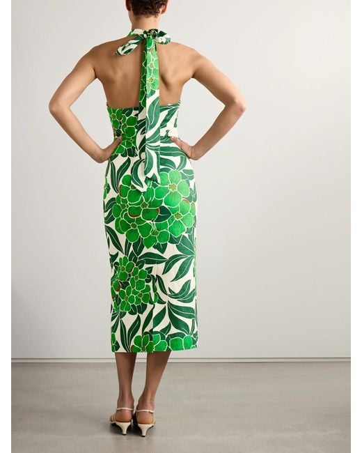Cara Cara Green Perla Printed Linen Halterneck Midi Dress
