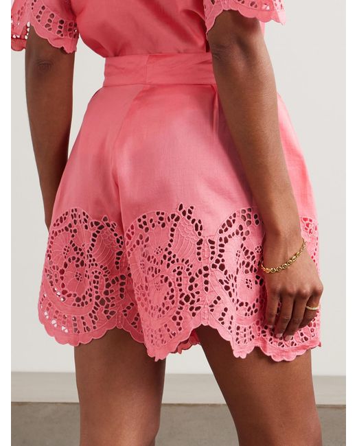 Thierry Colson Pink Kenya Pleated Broderie Anglaise Cotton And Silk-Blend Shorts