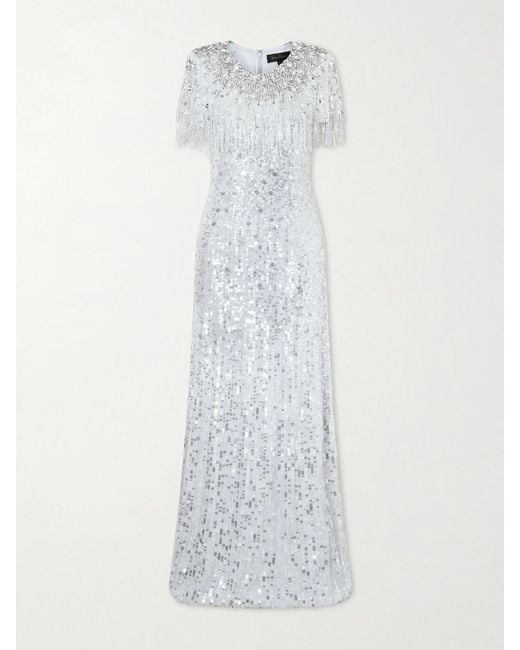 Jenny Packham White Eugene Crystal-Embellished Sequined Chiffon Gown