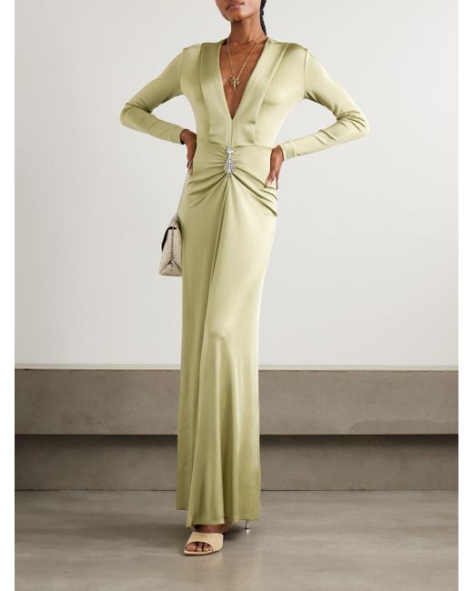 Victoria Beckham Green Crystal-Embellished Gathered Satin-Jersey Gown