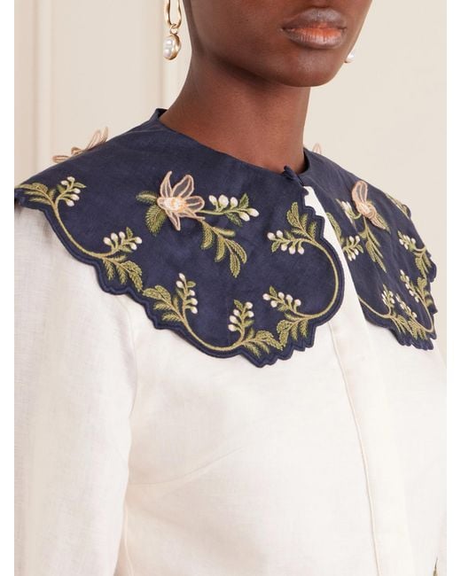 Agua Bendita Blue Cumbre Floral-Embroidered Appliquéd Tiered Linen Shirt