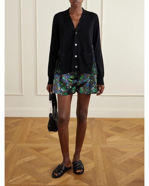 Sacai Black Layered Floral-Print Mesh-Trimmed Cotton Cardigan