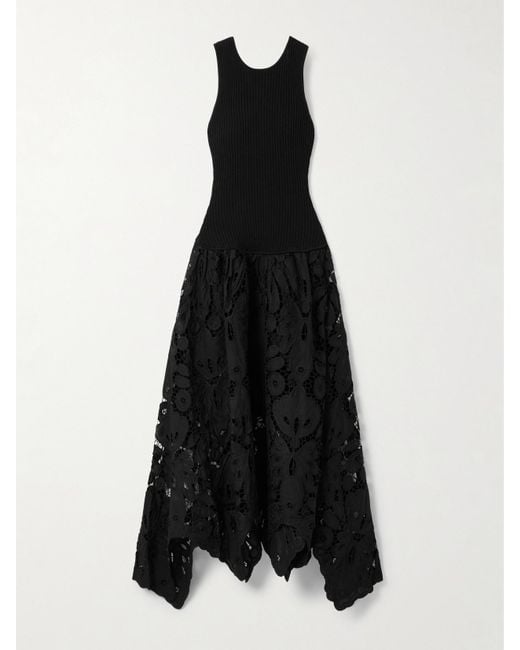 Aje. Black Atlas Asymmetric Ribbed-Knit And Guipure Lace Midi Dress