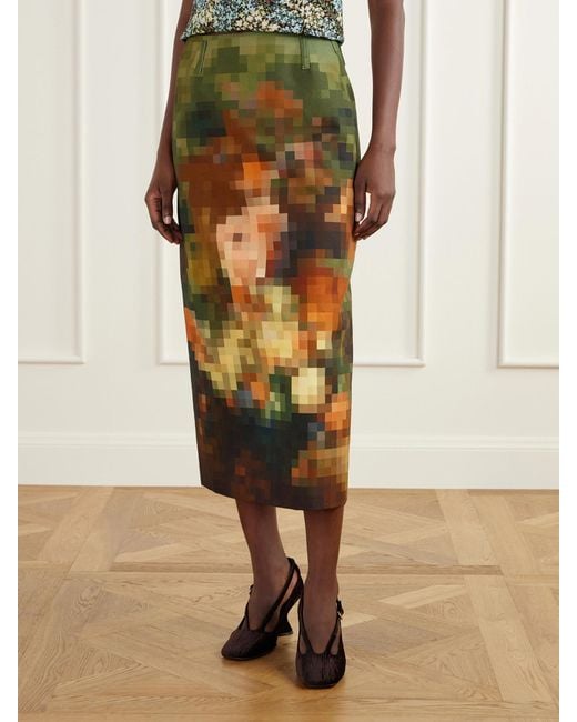 Dries Van Noten Green Printed Cotton-Canvas Midi Skirt