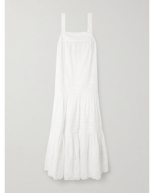 Loretta Caponi White Populonia Tiered Scalloped Broderie Anglaise Cotton Maxi Dress
