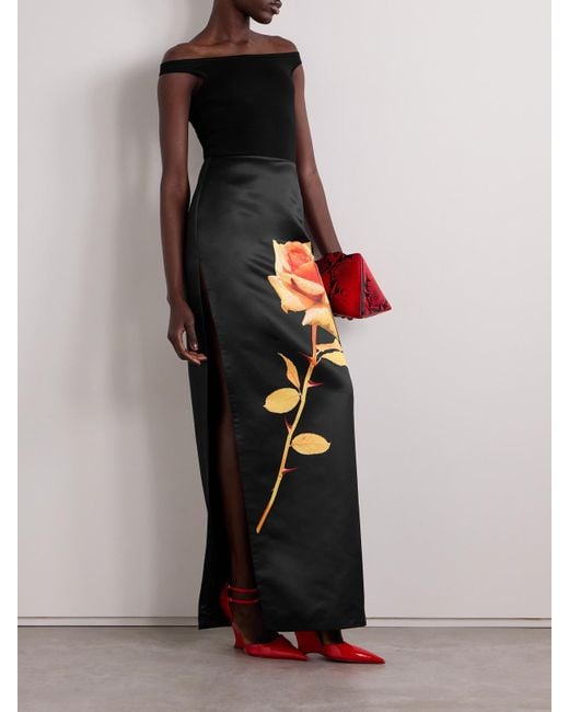 David Koma Black Floral-Print Duchesse-Satin Maxi Skirt