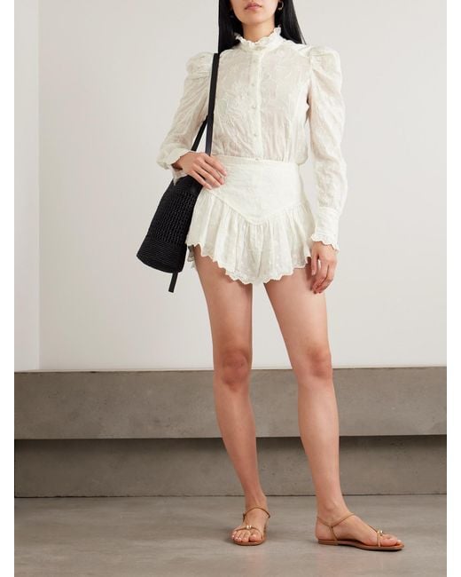 Isabel Marant Natural Zorica Ruffled Embroidered Cotton And Silk-Blend Voile Blouse