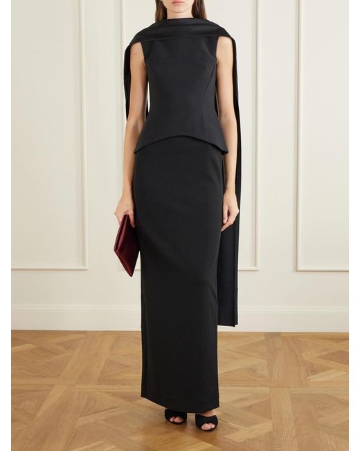 Solace London Black Annie Scarf-Detailed Satin-Trimmed Crepe Gown