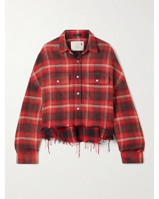 R13 Red Cropped Frayed Checked Cotton-Flannel Shirt