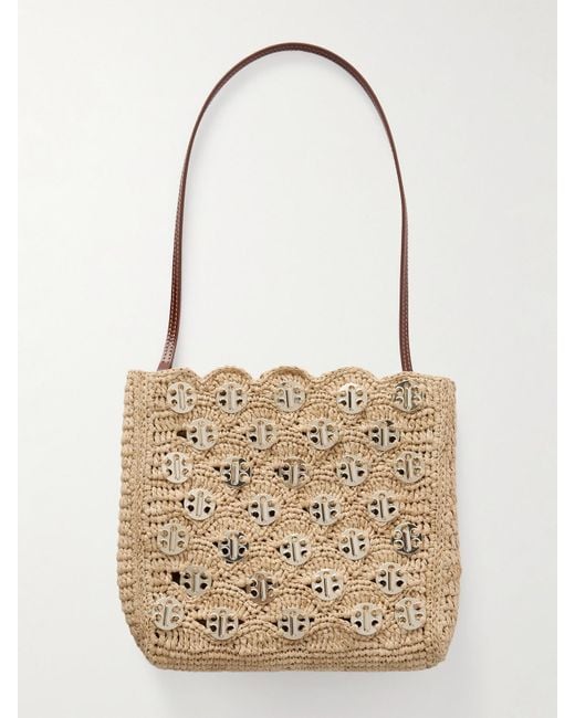 Rabanne Natural Schultertasche Aus Raffiabast Mit Lederbesätzen Und Verzierungen