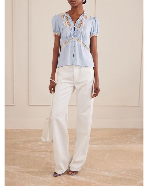 Self-Portrait Blue Ruffled Lace-Trimmed Satin Blouse