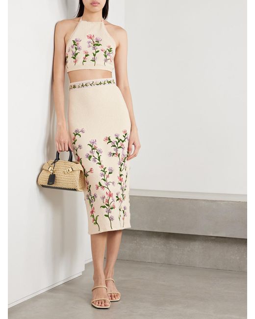 Agua Bendita White Carlota Honeysuckle Cropped Appliquéd Embroidered Cotton-Blend Bouclé Halterneck Top
