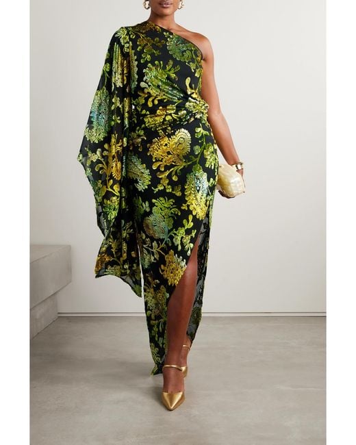 Cult Gaia Green Adira One-Sleeve Metallic Devoré-Chiffon Gown