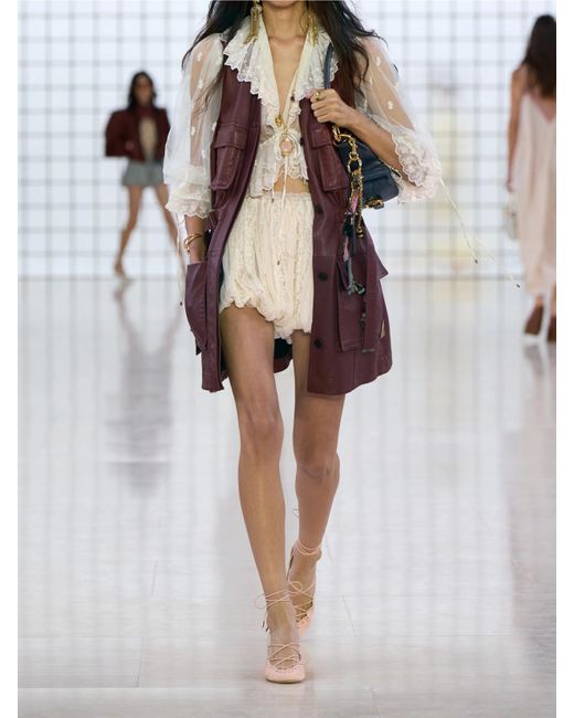 Chloé Natural Cropped Ruffled Embroidered Mesh Blouse