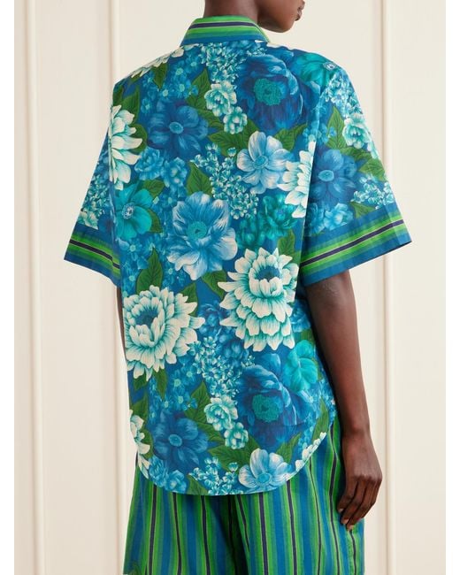 ALÉMAIS Blue Margo Striped Floral-Print Organic Cotton-Voile Shirt