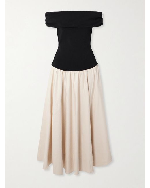 Jonathan Simkhai Black Adaline Off-The-Shoulder Linen-Blend And Recycled Satin-Jersey Midi Dress