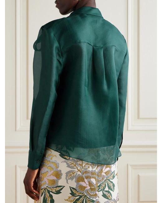 Carolina Herrera Green Pussy-Bow Silk-Organza Blouse
