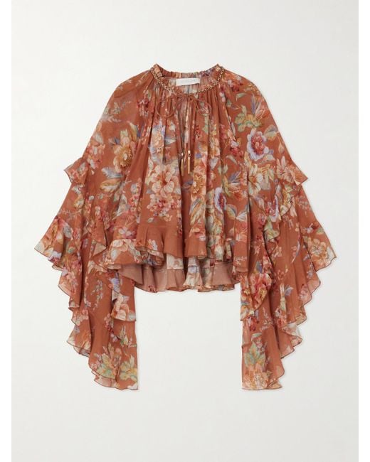 Zimmermann Brown Awaken Ruffled Floral-Print Cotton And Silk-Blend Crepe De Chine Blouse