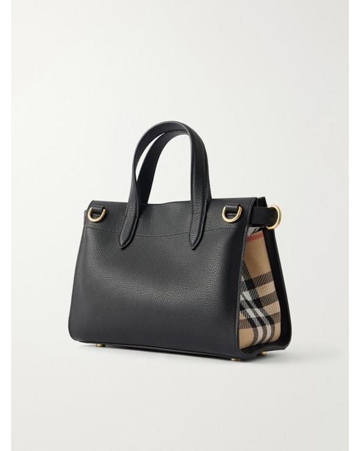 Burberry Black Cotswolds Mini Checked Canvas-Trimmed Leather Tote