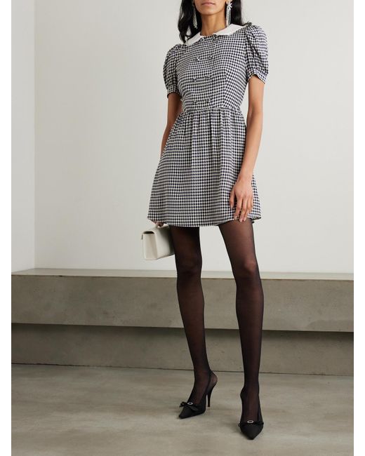 Alessandra Rich Blue Minikleid Aus Seiden-Crêpe Mit Gingham-Karo Und Spitzenbesatz