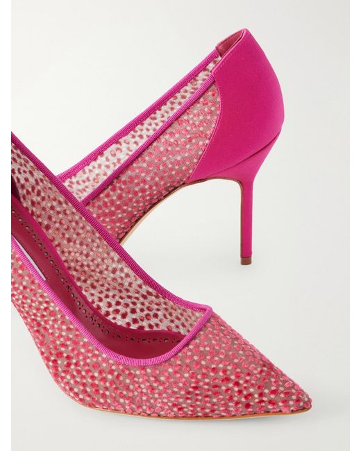 Manolo Blahnik Pink Bb 90 Embellished Satin-Trimmed Tulle Pumps