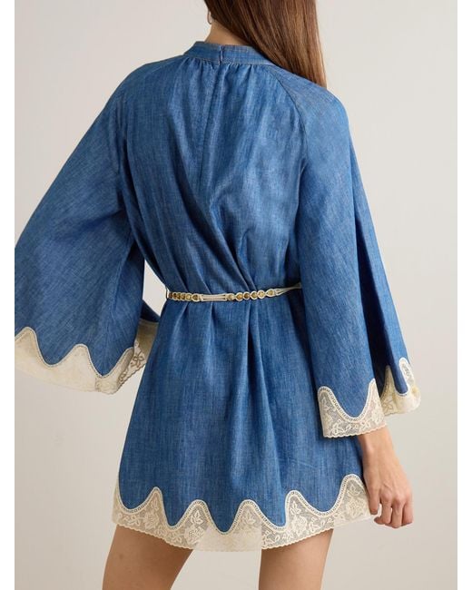 Zimmermann Blue Awaken Belted Lace-Trimmed Denim Mini Dress