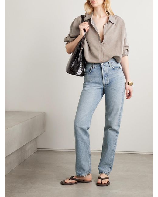 Agolde Blue 90's Pinch Waist Long Frayed High-Rise Straight-Leg Jeans