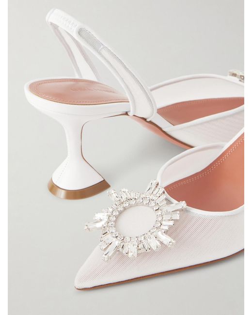 AMINA MUADDI Natural Begum Crystal-Embellished Leather-Trimmed Mesh Slingback Pumps