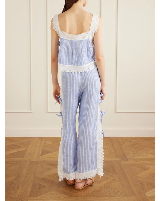 Loretta Caponi Blue Fiocchini Pleated Striped Broderie Anglaise-Trimmed Linen Top