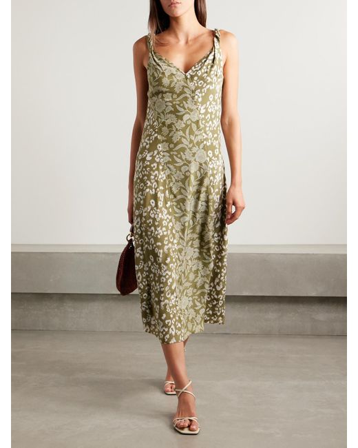 La Ligne Green Joelle Printed Silk-Charmeuse Midi Dress