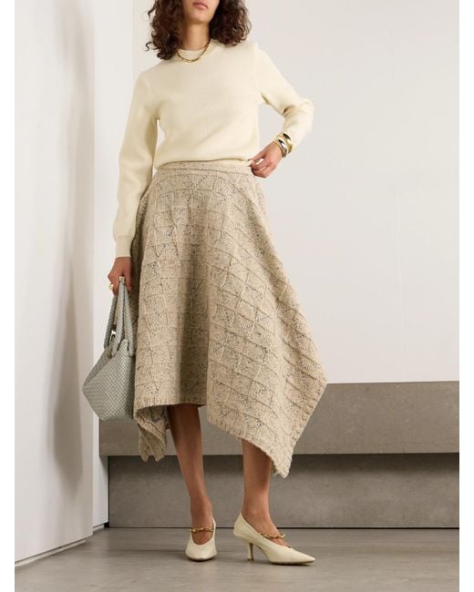 Bottega Veneta Natural Checked Knitted Wool Midi Skirt