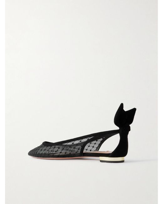 Aquazzura White Bow Tie Suede-Trimmed Fishnet Pointed-Toe Ballet Flats