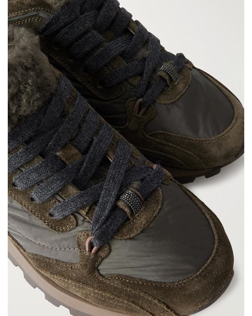 Brunello Cucinelli Brown Shearling-Trimmed Shell And Suede Sneakers