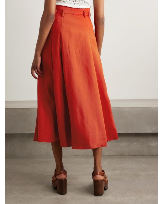 Gabriela Hearst Red Dugald Belted Pleated Linen Midi Skirt