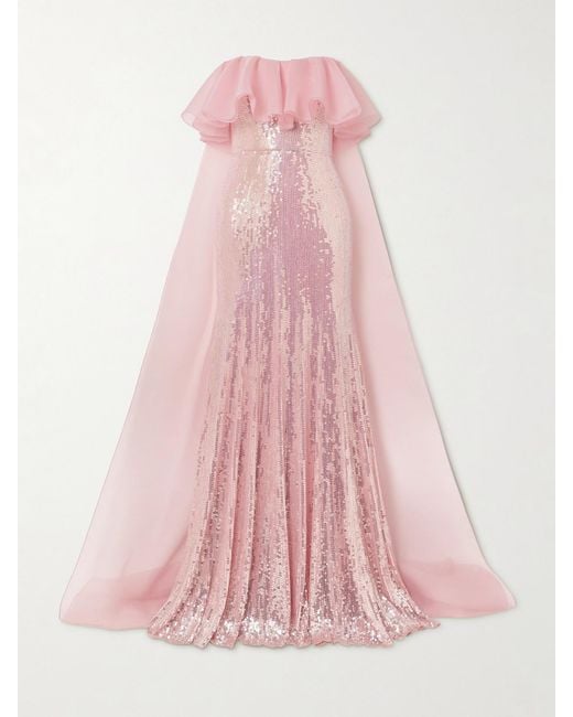 Jenny Packham Pink Galactic Strapless Chiffon-Trimmed Sequined Satin Gown