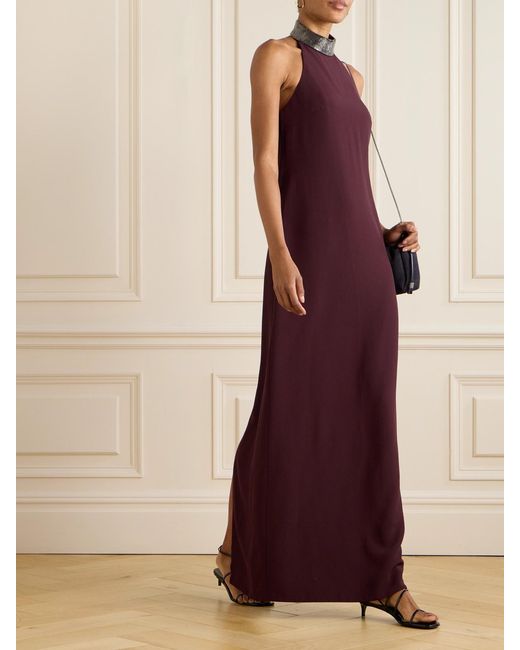 Brunello Cucinelli Purple Bead-Embellished Crepe Halterneck Maxi Dress