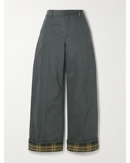 Burberry Gray Checked Twill-Trimmed Brushed Cotton-Blend Wide-Leg Pants