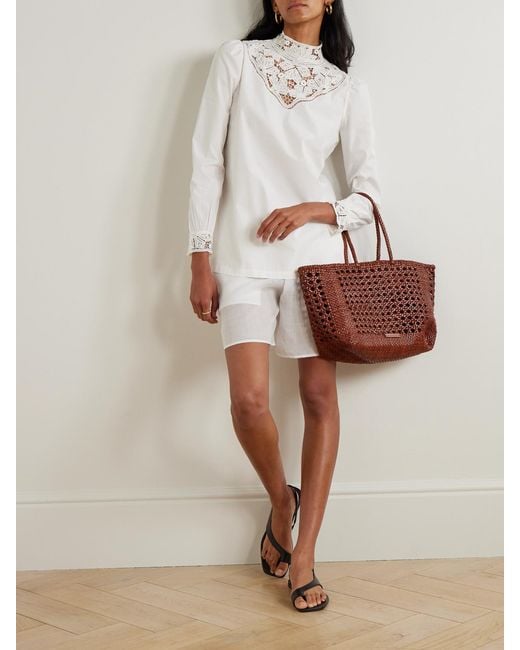 Emporio Sirenuse White Mikha Lace-Paneled Cotton-Blend Poplin Blouse