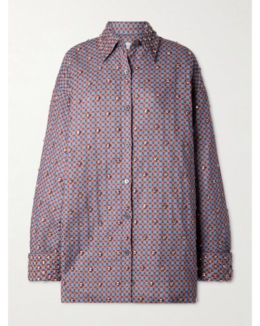 Dries Van Noten Purple Hemd Aus Bedrucktem Voile Aus Einer Baumwollmischung Mit Kristallen