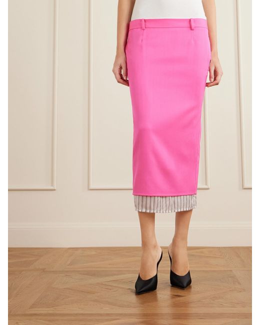 The Attico Pink Layered Striped Wool-Twill Midi Skirt