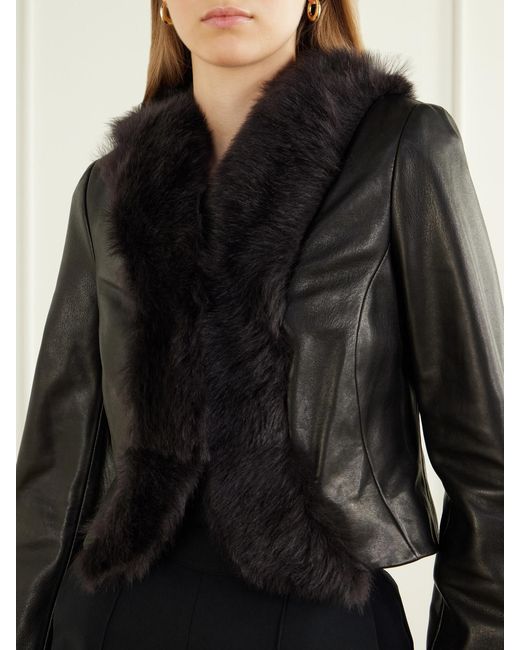 Nour Hammour Black Sofie Cropped Shearling-Trimmed Leather Jacket