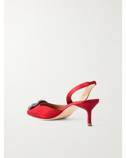 Manolo Blahnik Red Hangisli 50 Slingback-Pumps Aus Satin Mit Verzierung