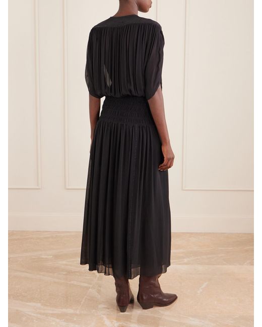 Isabel Marant Black Nesrine Bead-Embellished Pleated Smocked Silk Maxi Dress