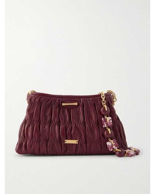 Cult Gaia Red Kiraz Mini Beaded Ruched Leather Clutch Bag