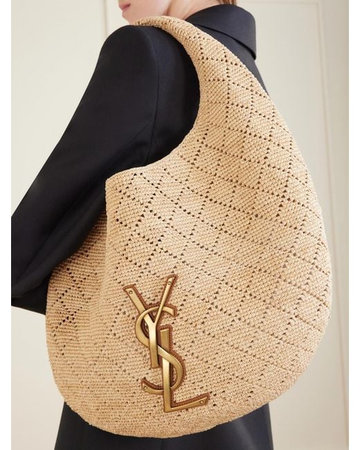 Saint Laurent Natural Icare Cassandre-Embellished Woven Raffia Shoulder Bag