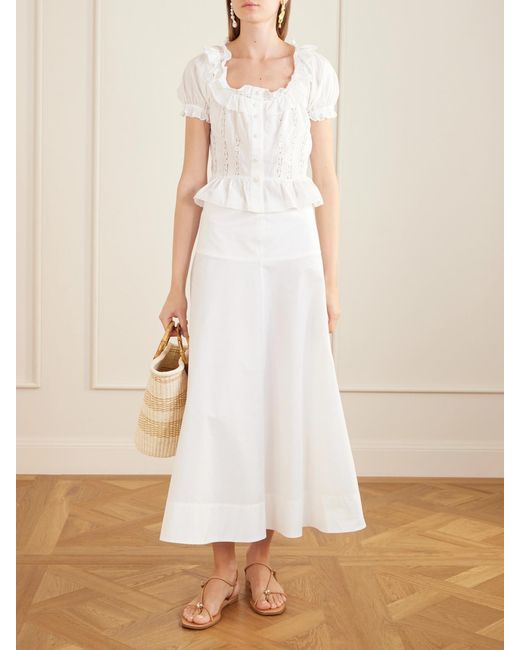 Loretta Caponi White Terracina Ruffled Lace-Trimmed Cotton-Poplin Blouse