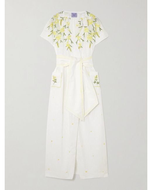 Thierry Colson White Midi-Wickelkleid Aus Point D'Esprit Aus Baumwolle Mit Zierperlen Und Bindegürtel