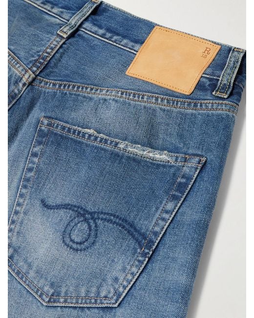 R13 Blue Cuffed X-Boyfriend Distressed Mid-Rise Wide-Leg Jeans