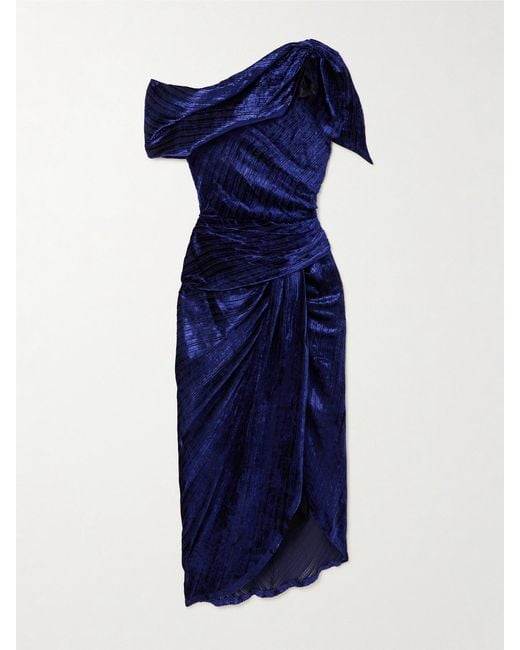 Isabel Marant Blue Cyane Asymmetric Ruched Devoré-Velvet Midi Dress