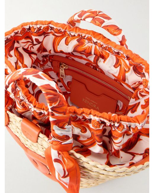 Dolce & Gabbana Orange Kendra Logo-Appliquéd Leather-Trimmed Raffia Bucket Bag